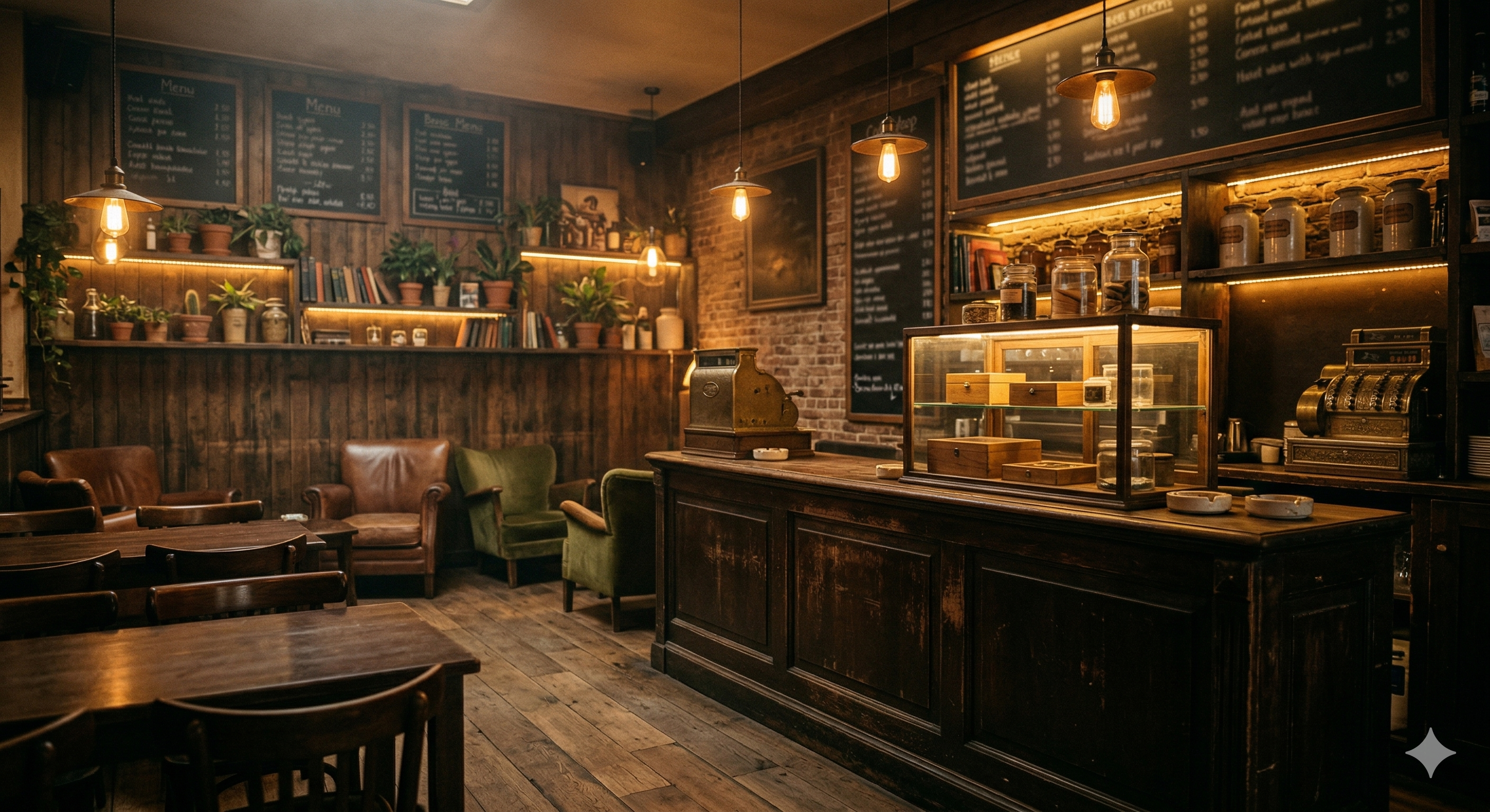 Interior of a traditional Dutch coffeeshop with wooden counter and warm lighting