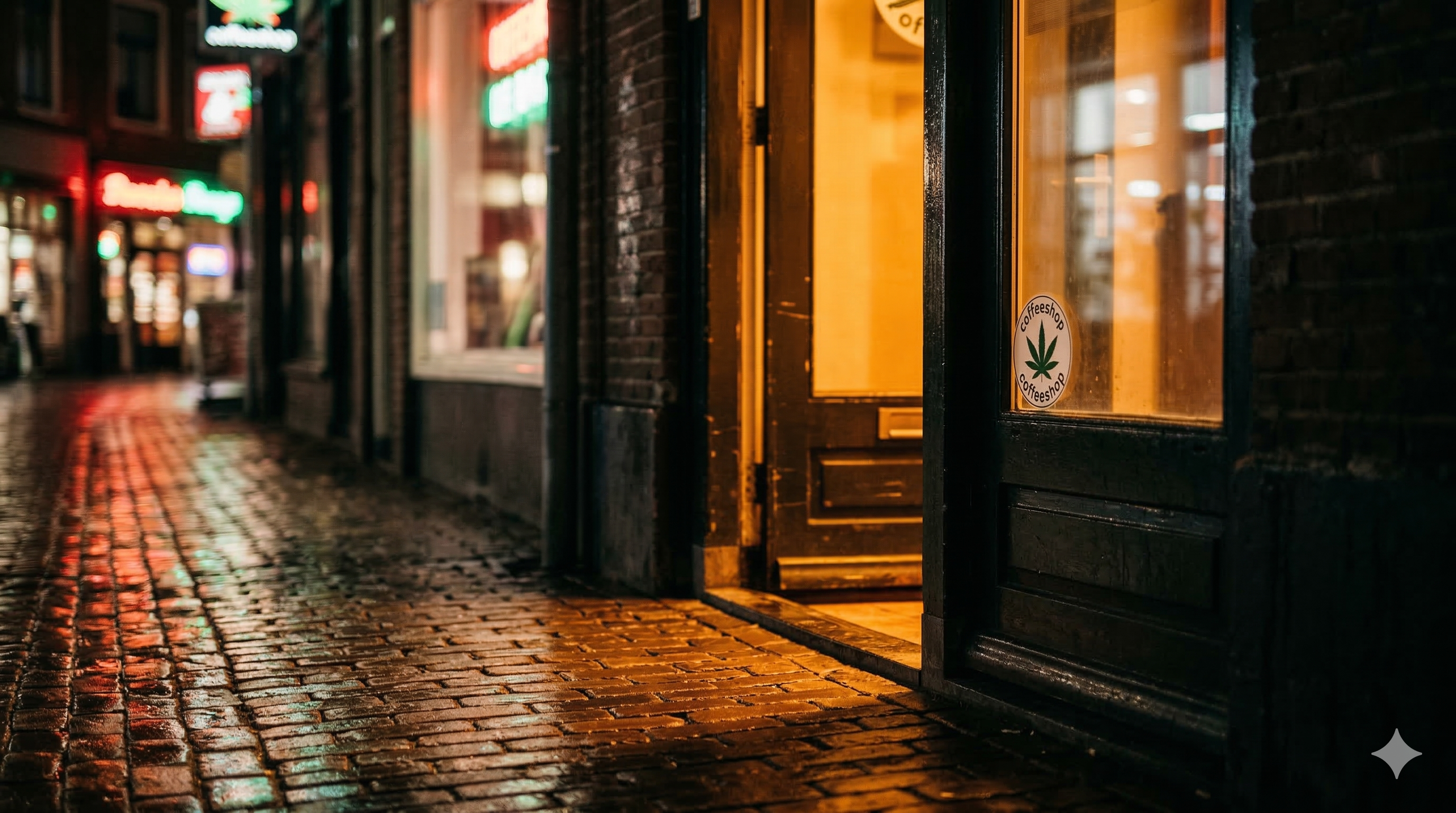 Amsterdam coffeeshop entrance at night