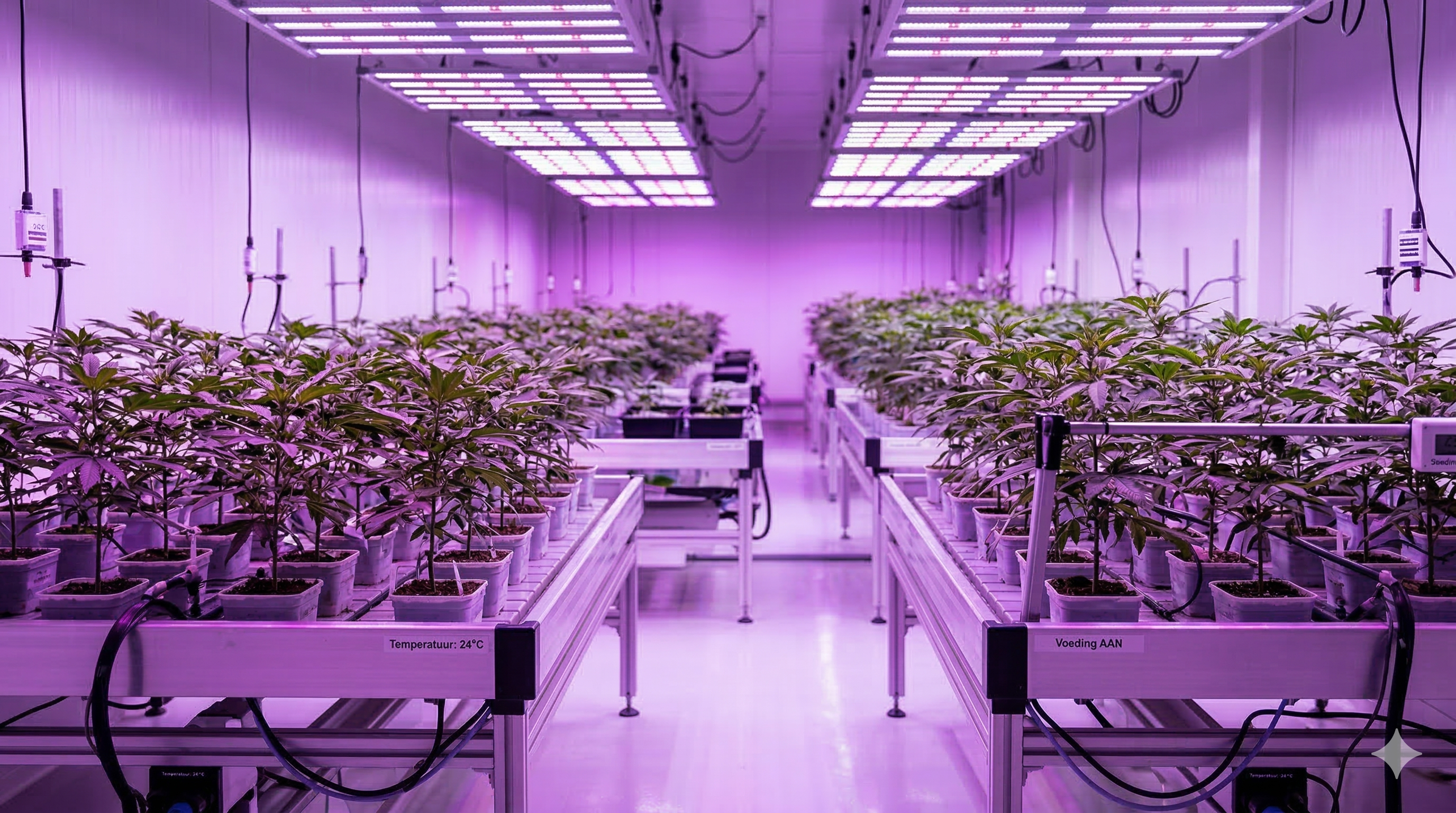 Cannabis cultivation facility with plants under LED grow lights