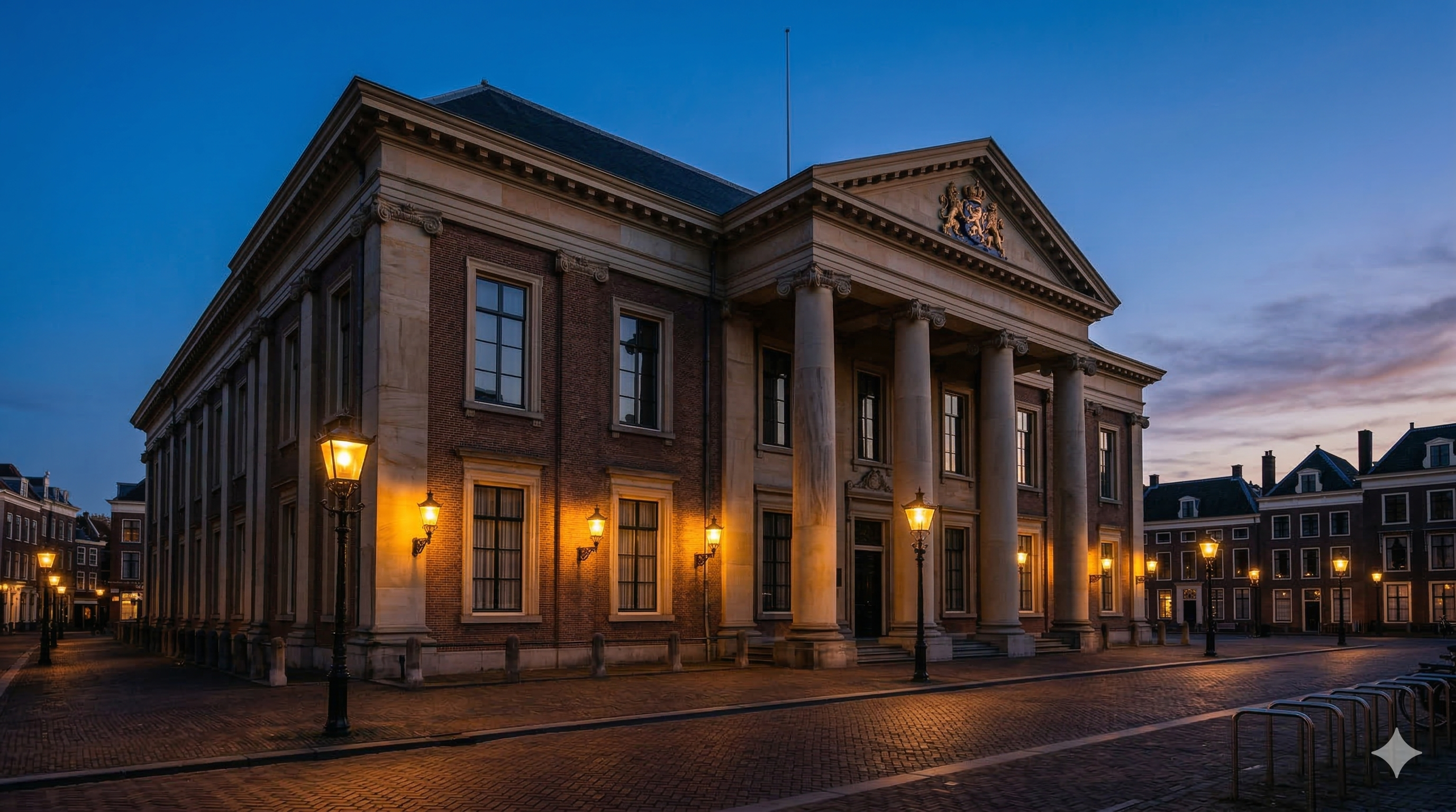 Dutch courthouse exterior at dusk