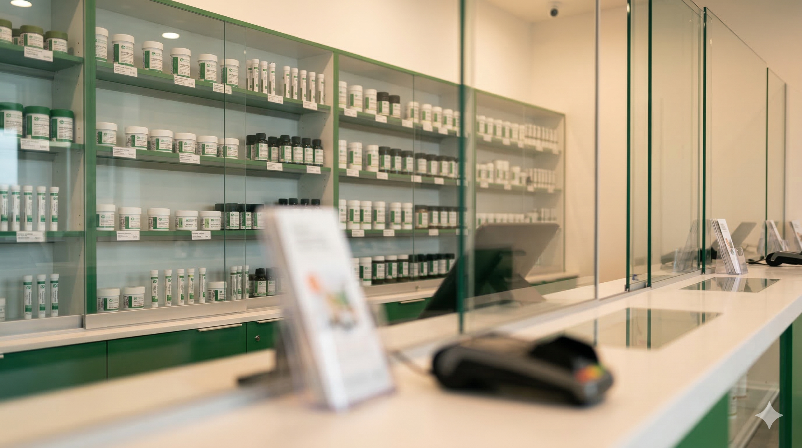 Cannabis pharmacy display with regulated products