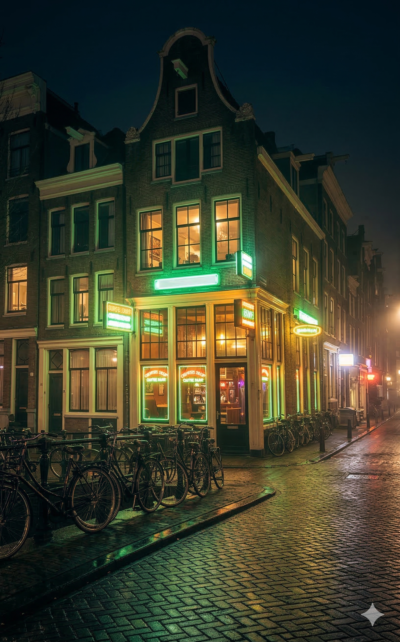 Amsterdam coffeeshop exterior at night with neon lighting
