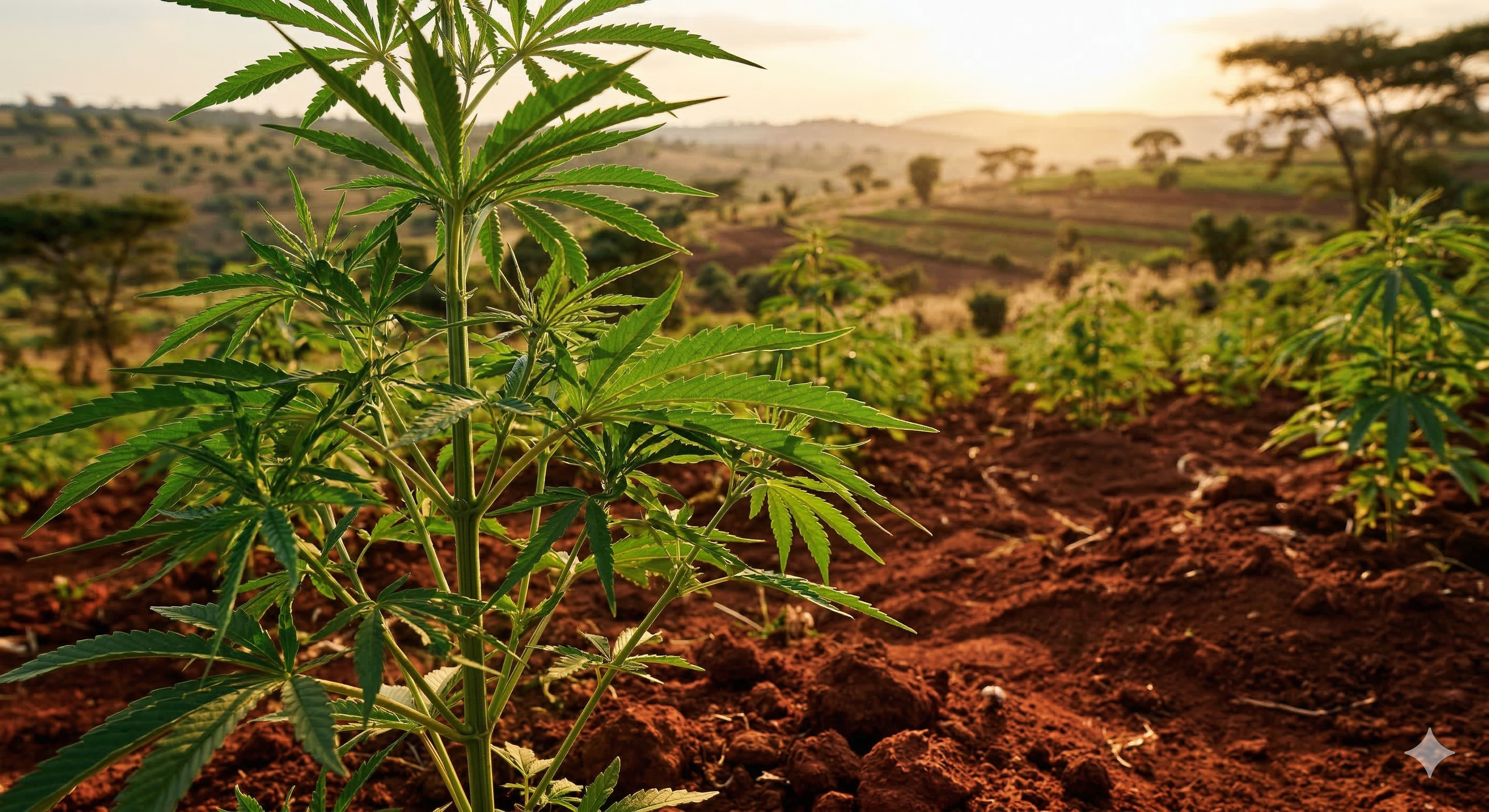 Hemp plants growing in South African soil at golden hour