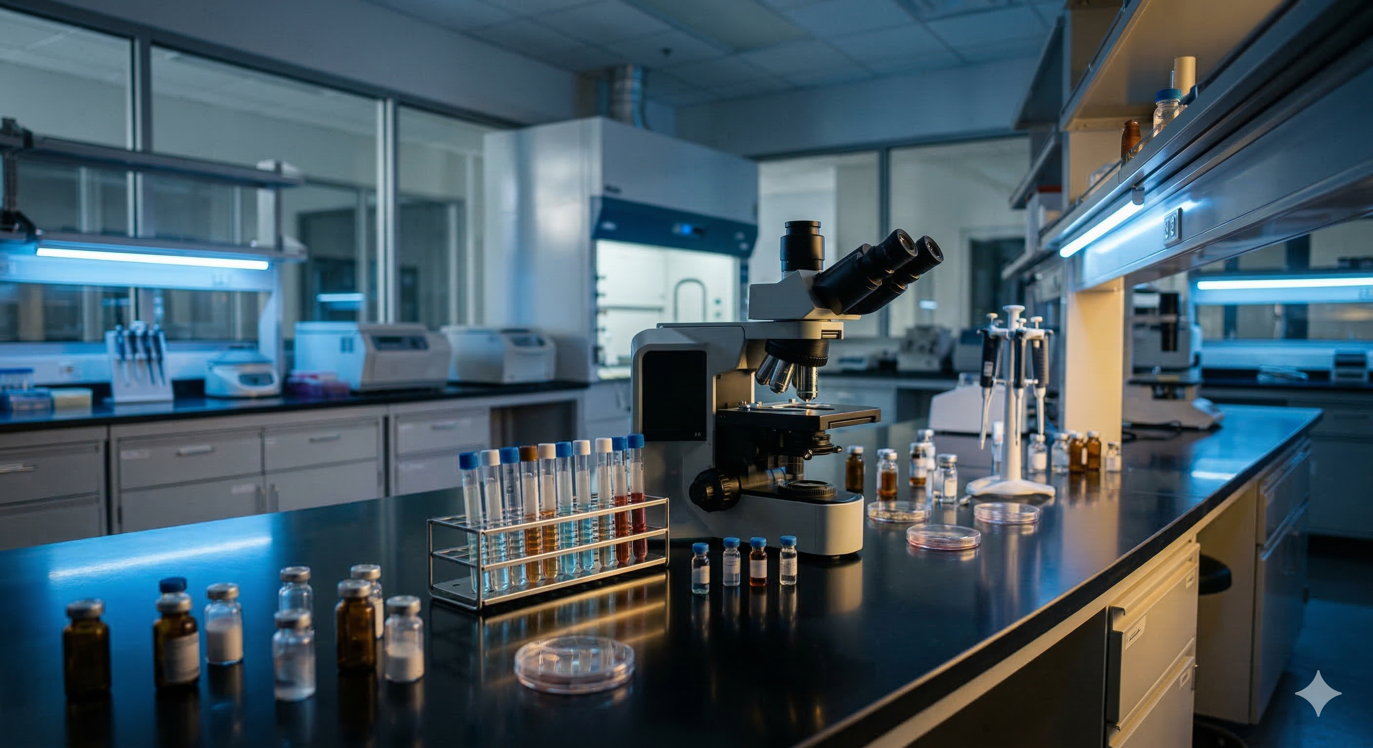 Medical research laboratory with glass vials and scientific equipment