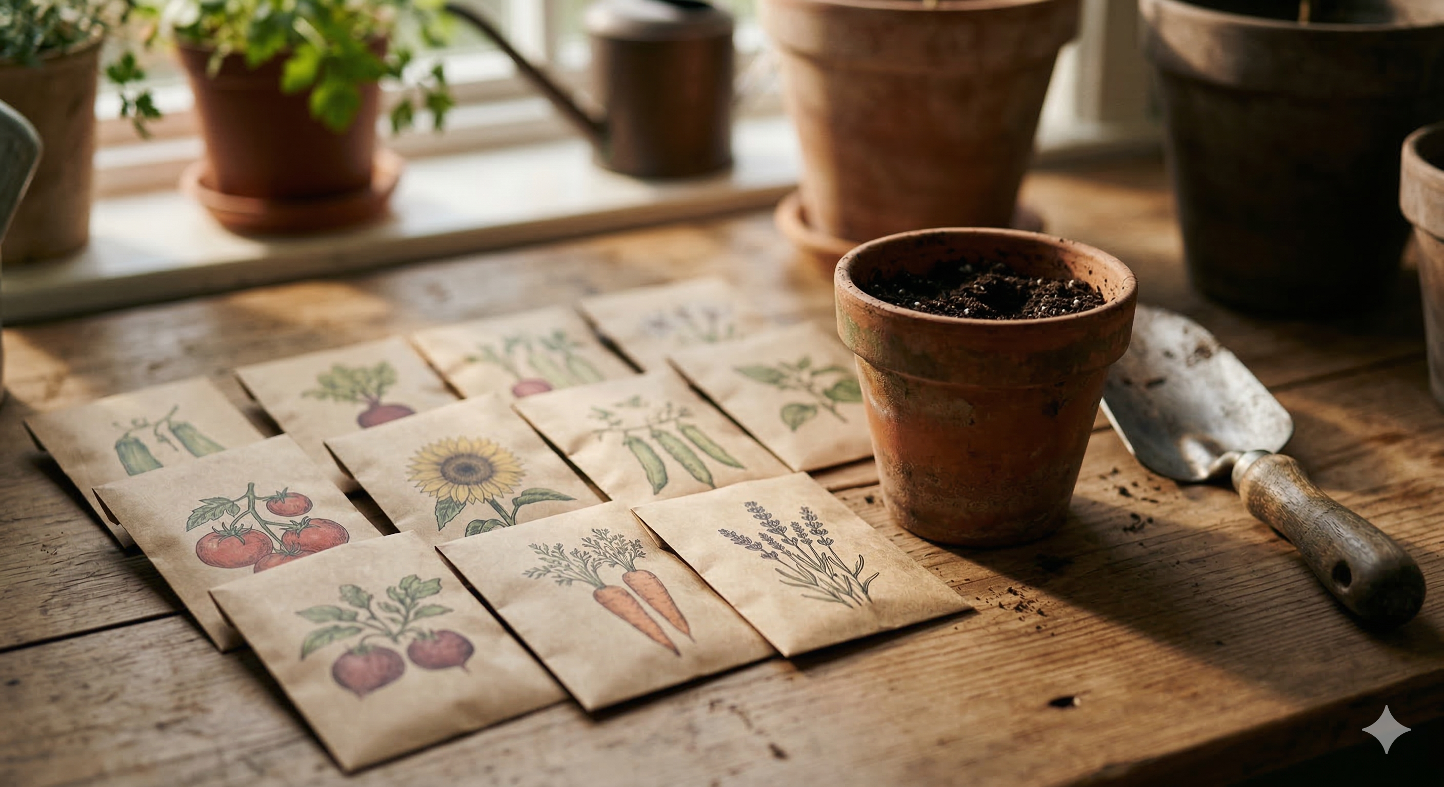 Seed packets arranged on a wooden surface next to gardening tools