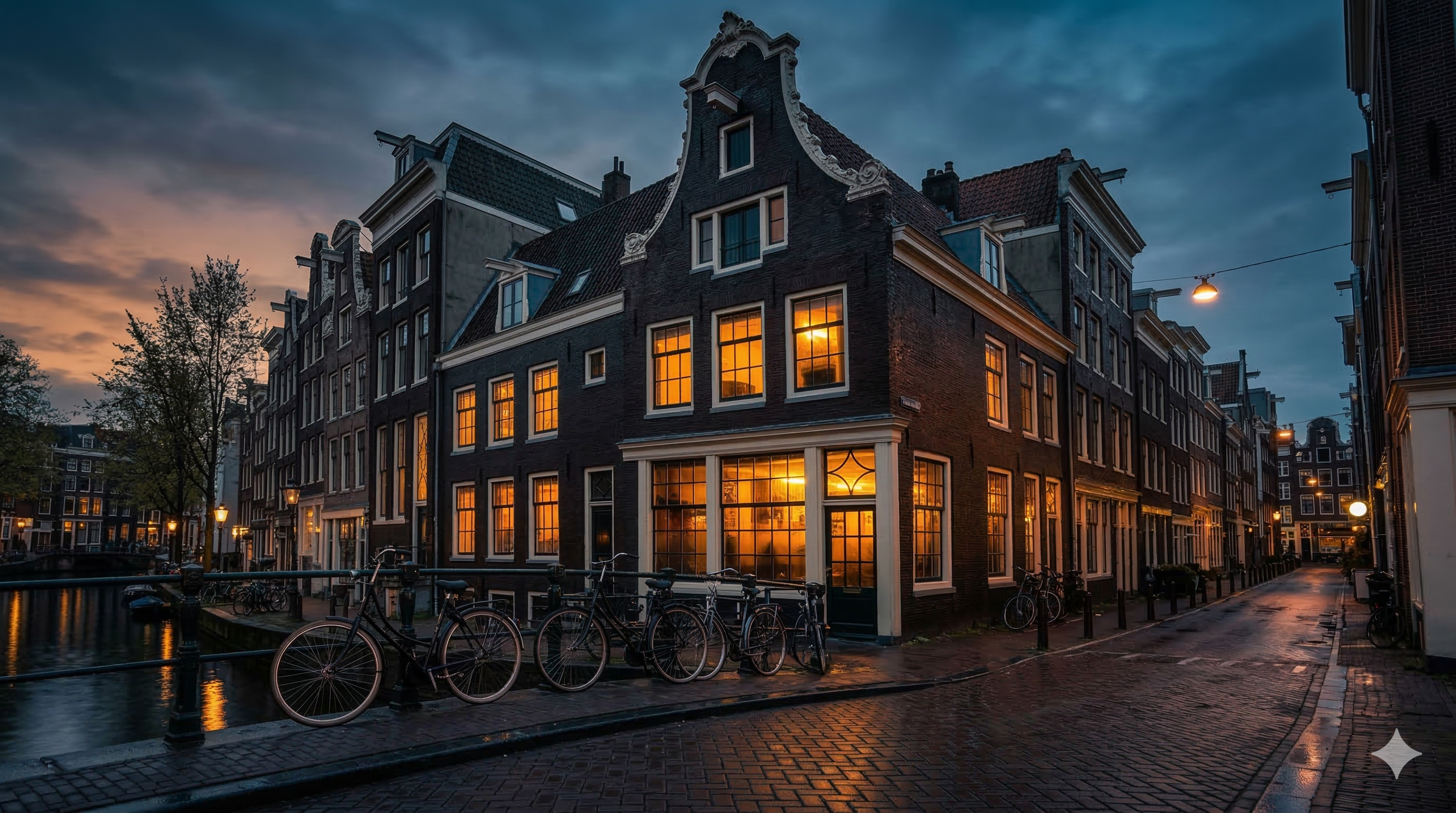 Traditional Dutch coffeeshop exterior on a canal street at dusk