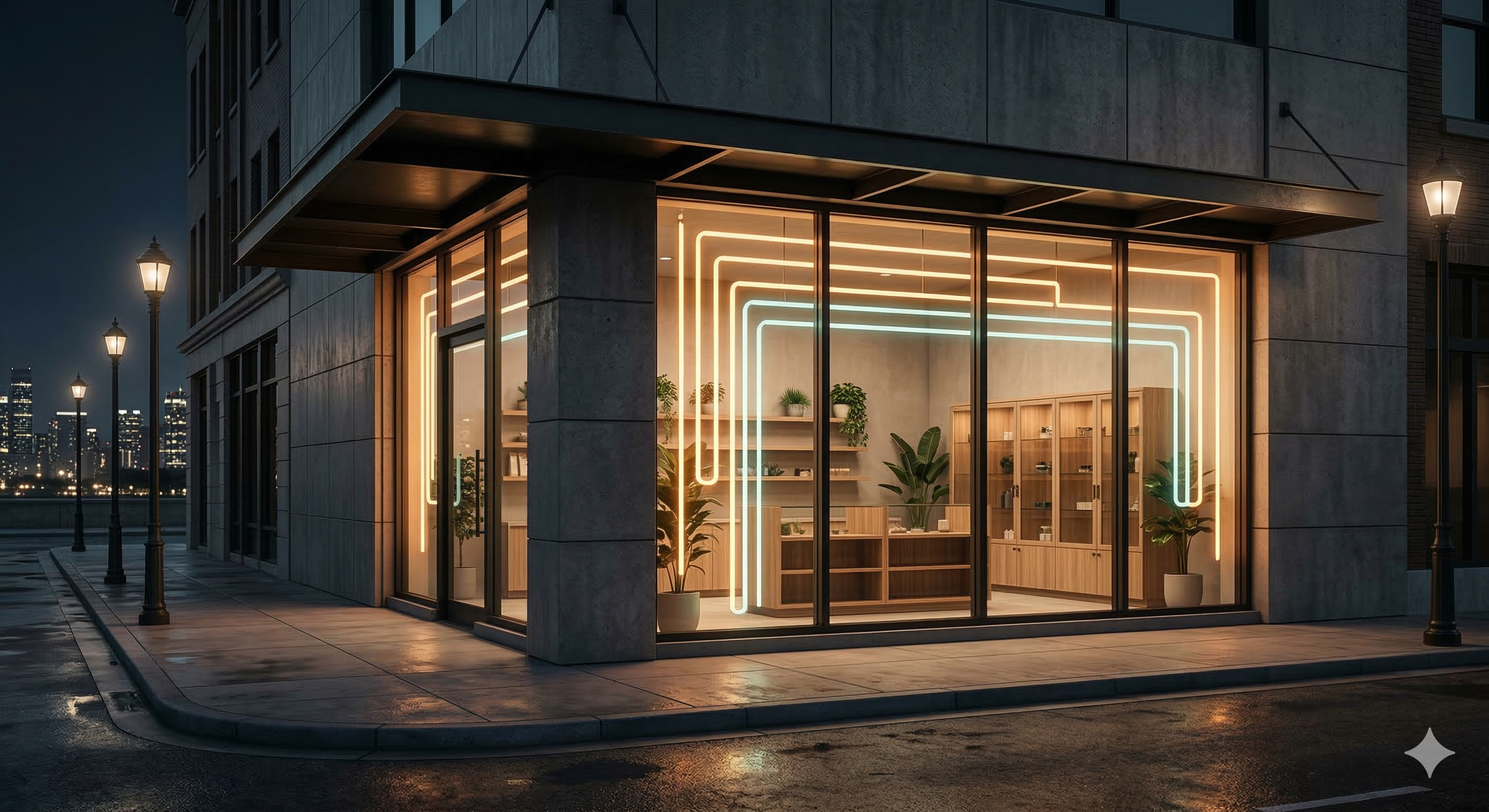 Modern cannabis dispensary storefront at night with warm neon lighting