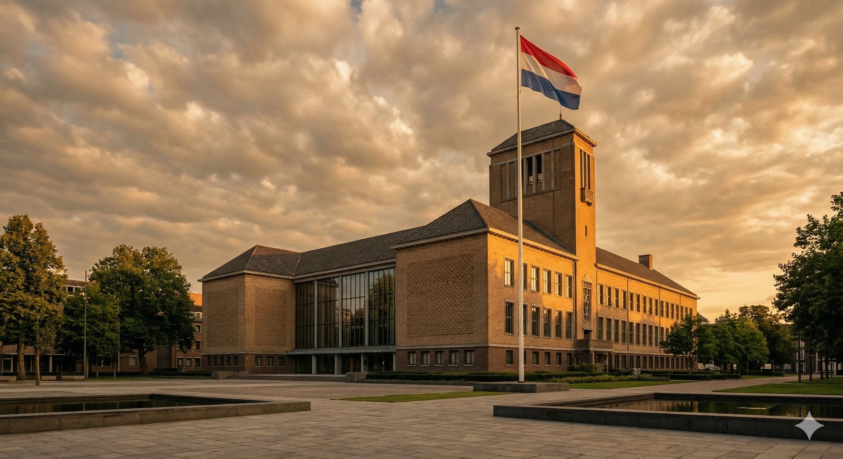 Dutch city hall building with Dutch flag at golden hour