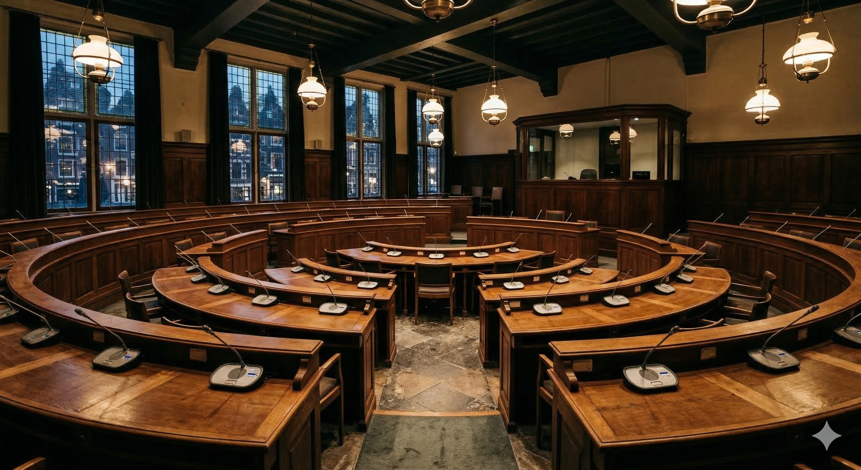Empty Dutch city council chamber with curved wooden desks