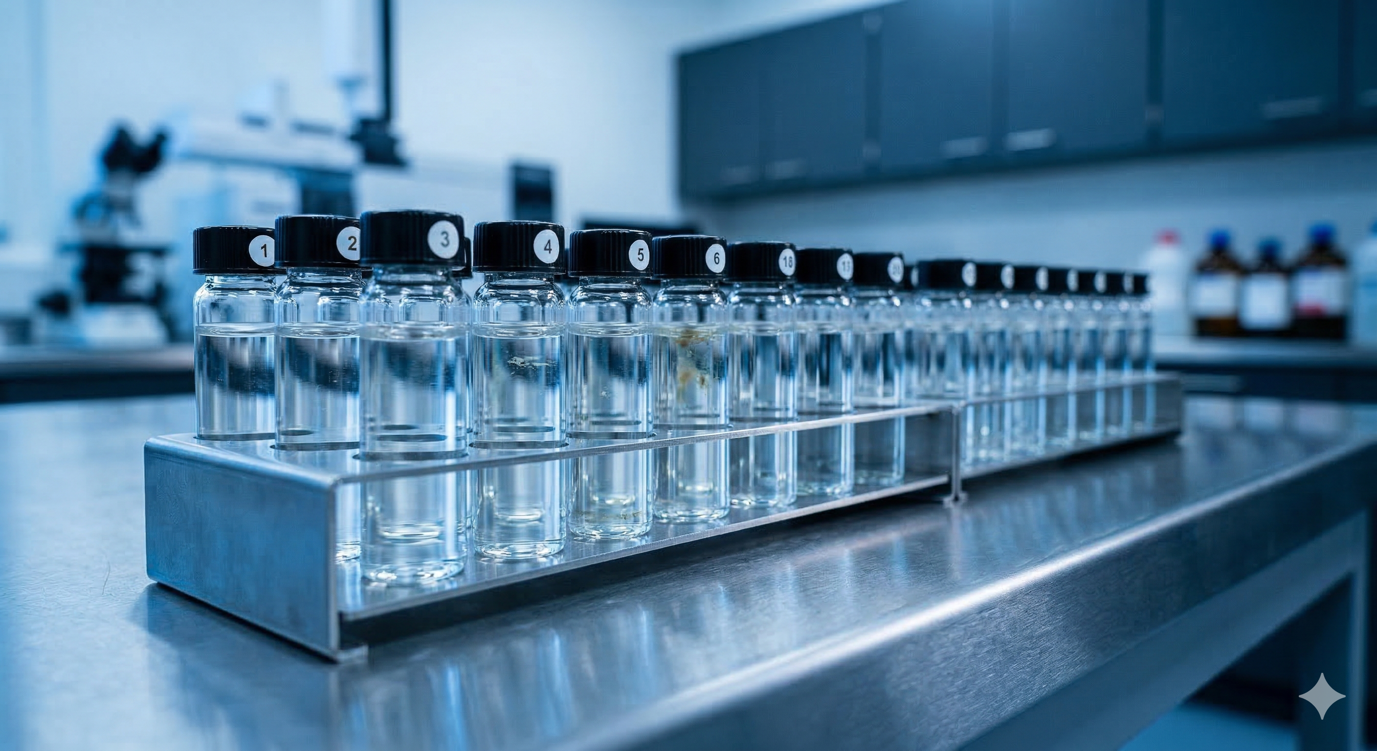Laboratory water samples in glass vials on a stainless steel bench
