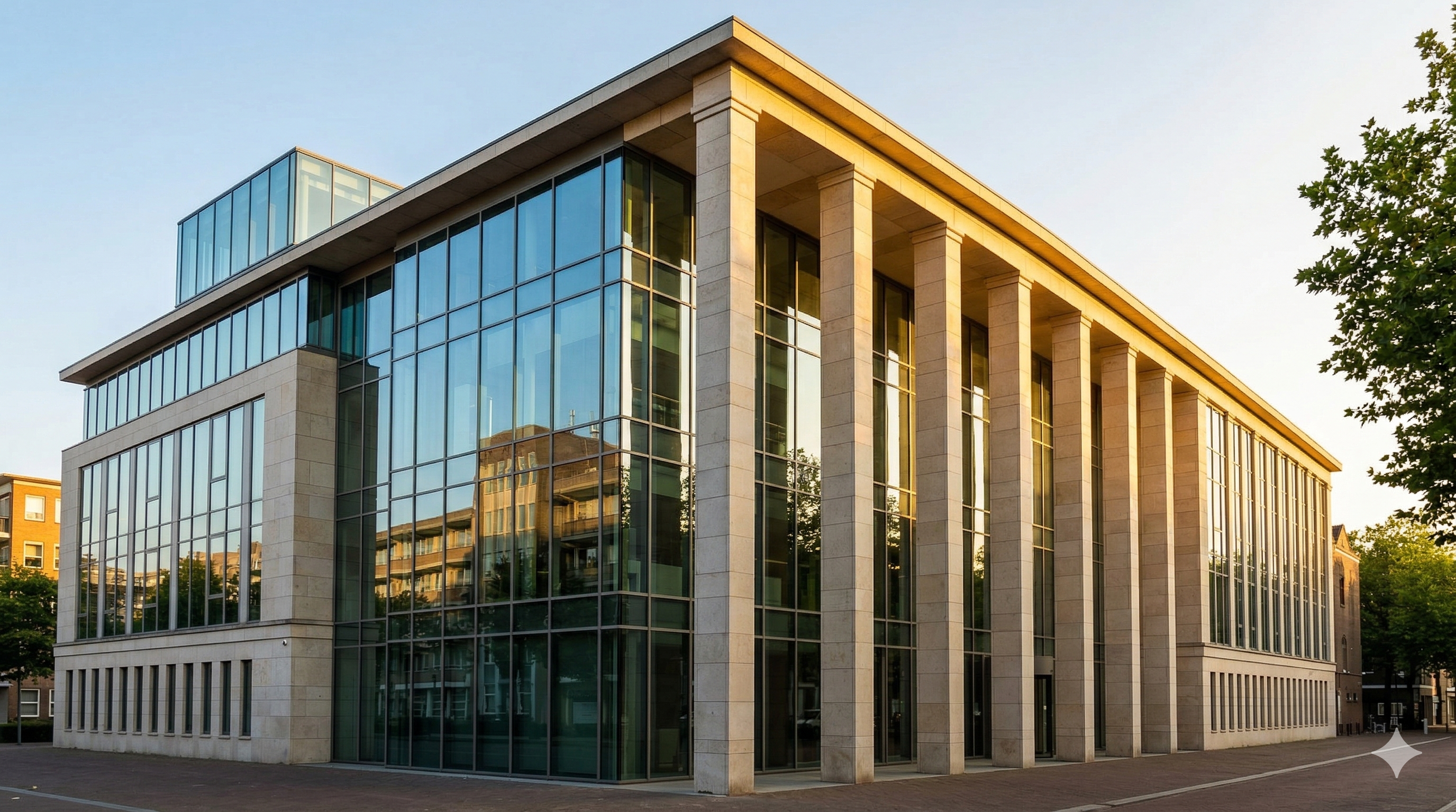 European courthouse building with glass windows and stone columns at golden hour