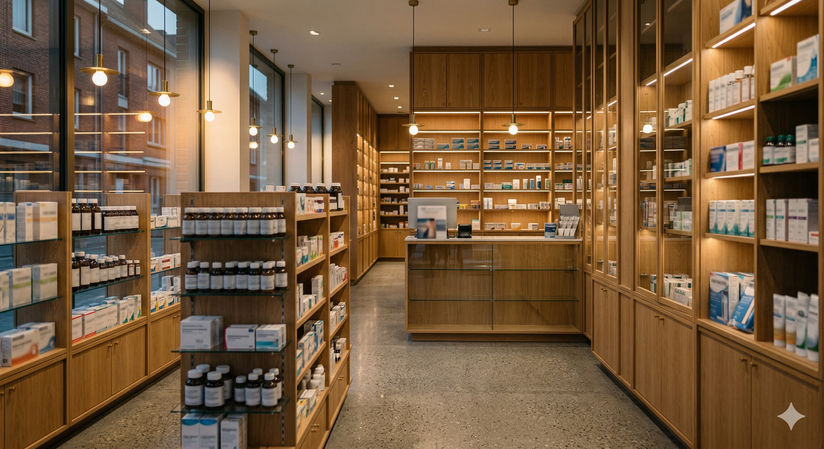 A modern European pharmacy interior with wooden shelves and warm lighting