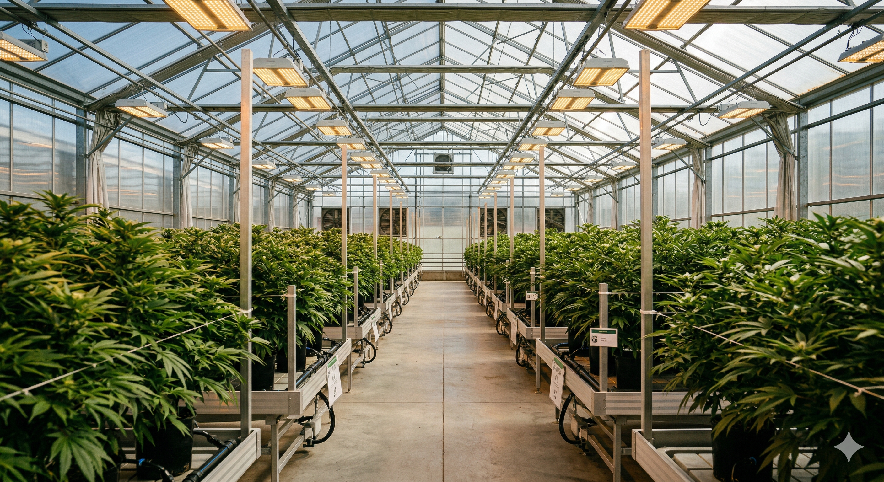 Modern cannabis cultivation greenhouse with rows of plants under grow lights