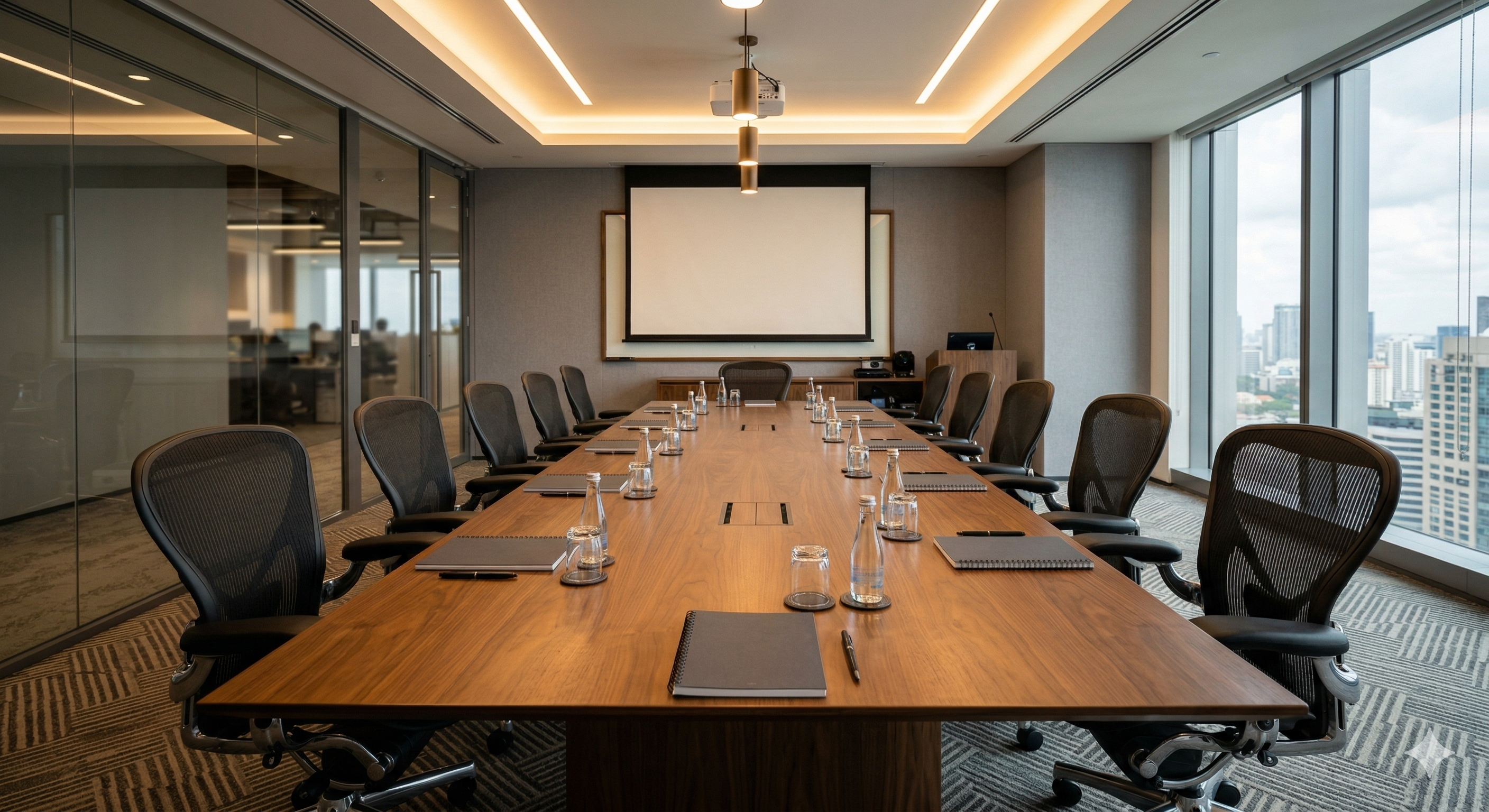 Leeg modern conferentieruimte met lange houten tafel